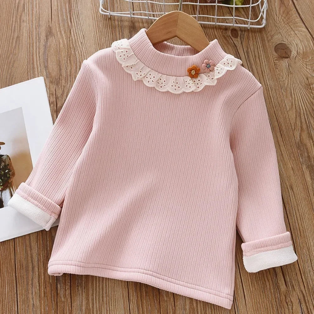 Autumn Winter Warm Girls' Top with 3D Flower Decoration and Lace Round Neck T-shirt