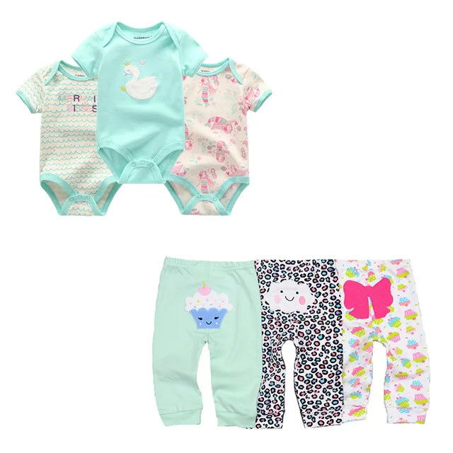 Unisex 6/9/10Pieces Cotton New Born Bodysuits+Pants Baby Girl Clothes Sets Cartoon Print Short Sleeve Baby Boy Clothes Bebes
