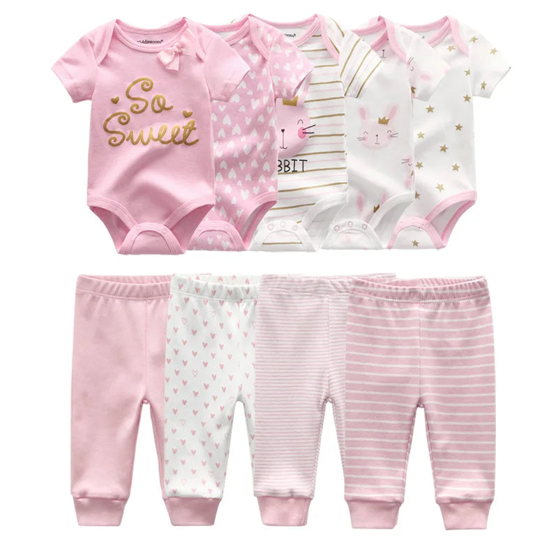 Unisex 6/9/10Pieces Cotton New Born Bodysuits+Pants Baby Girl Clothes Sets Cartoon Print Short Sleeve Baby Boy Clothes Bebes