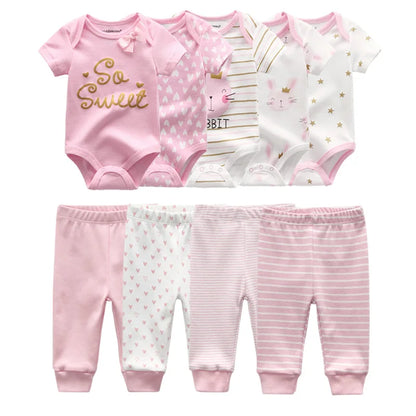 Unisex 6/9/10Pieces Cotton New Born Bodysuits+Pants Baby Girl Clothes Sets Cartoon Print Short Sleeve Baby Boy Clothes Bebes