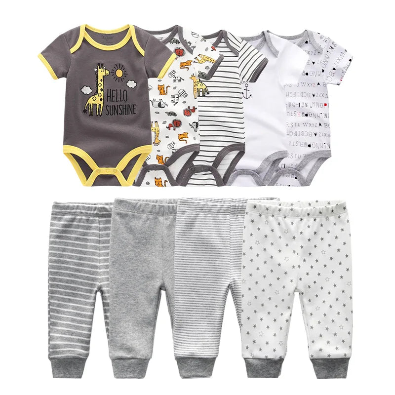 Unisex 6/9/10Pieces Cotton New Born Bodysuits+Pants Baby Girl Clothes Sets Cartoon Print Short Sleeve Baby Boy Clothes Bebes