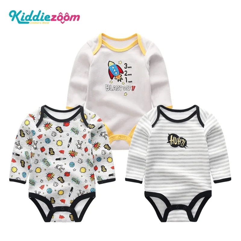 100%Cotton 3Pieces Baby Boy Clothes Newborn Long Sleeve Bodysuit Baby Girls Clothes 0-12M Autumn Print Jumpsuits Spring Cartoon