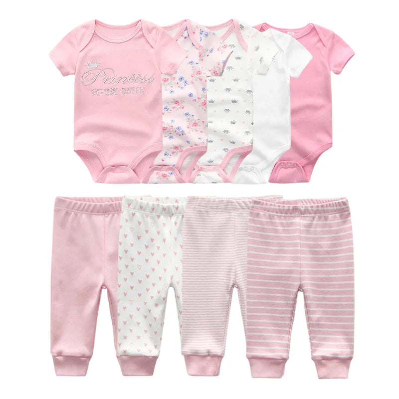 Unisex 6/9/10Pieces Cotton New Born Bodysuits+Pants Baby Girl Clothes Sets Cartoon Print Short Sleeve Baby Boy Clothes Bebes