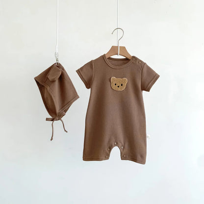 Short Sleeve Waffle Patch Bear Infant Newborn Jumpsuits Cotton Romper Hat with Ears