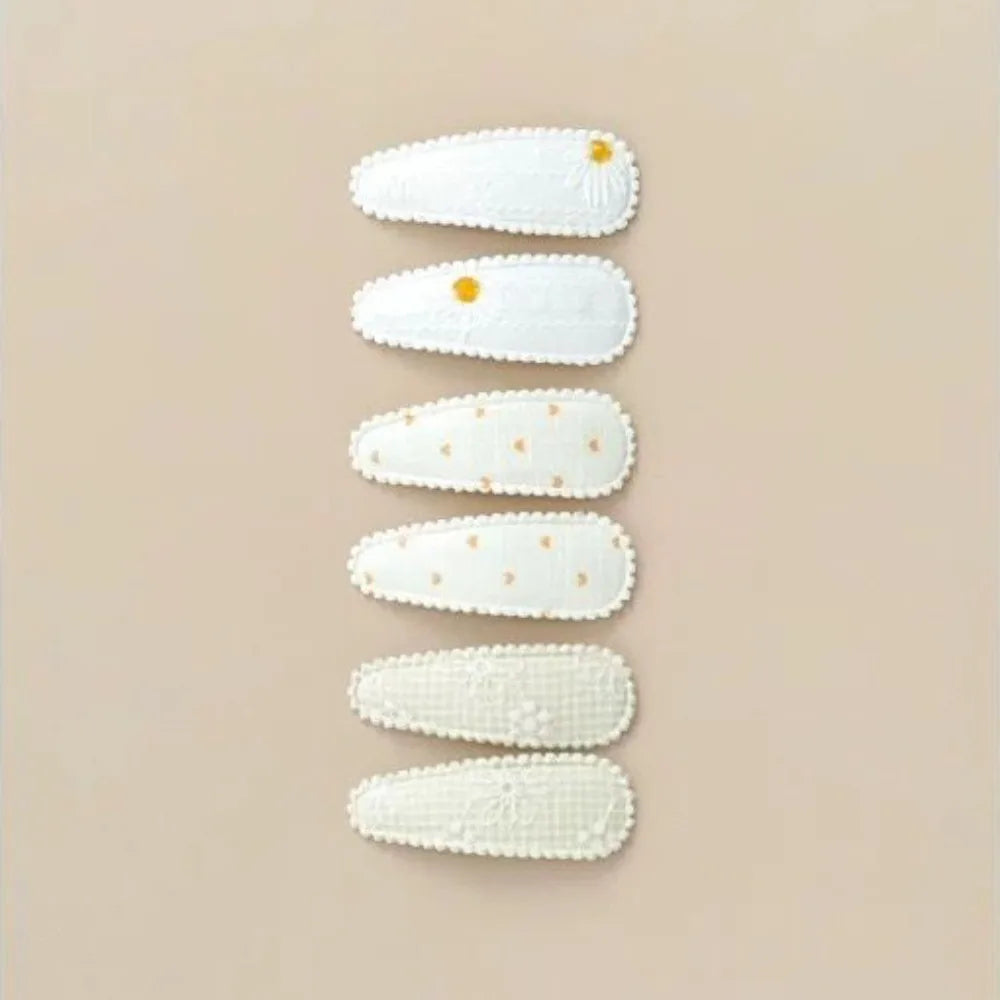 6 Pcs/Set Lovely 2inch Baby Hair Clips Handmade Lace Embroidery Snap Clips Cotton Plaid Floral Print Hairpins for Baby Girl