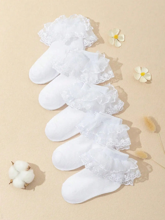 5 Pairs Baby Toddler Girls White Ruffle Frilly Crew Socks