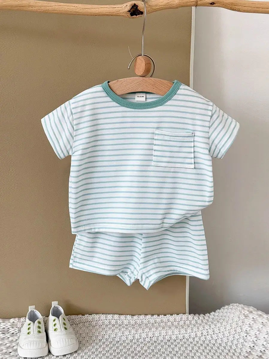Summer Baby New Set Blue White Stripes Simple Comfortable Short Sleeves+Loose Sports Beach Shorts Boys Girls Clothing