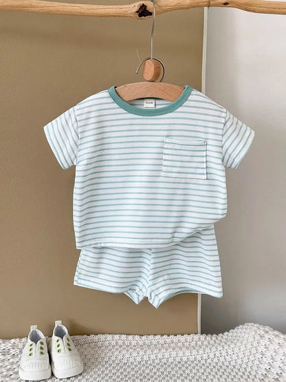 Summer Baby New Set Blue White Stripes Simple Comfortable Short Sleeves+Loose Sports Beach Shorts Boys Girls Clothing