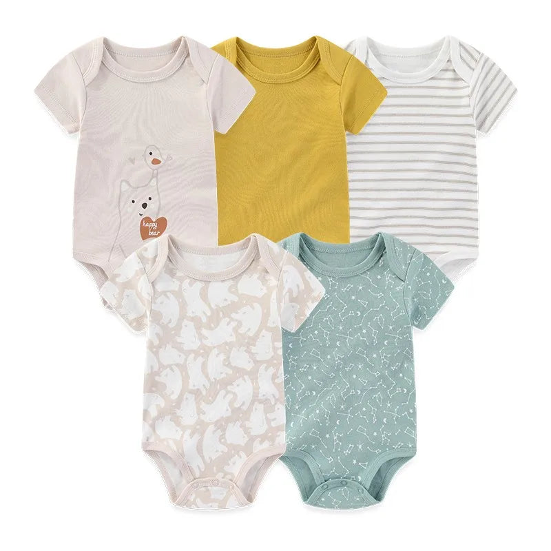 Unisex Bodysuits 4/5PCS Cotton Newborn Baby Girl Clothes Set Short Sleeve Print Baby Boy Clothes Summer Solid Color