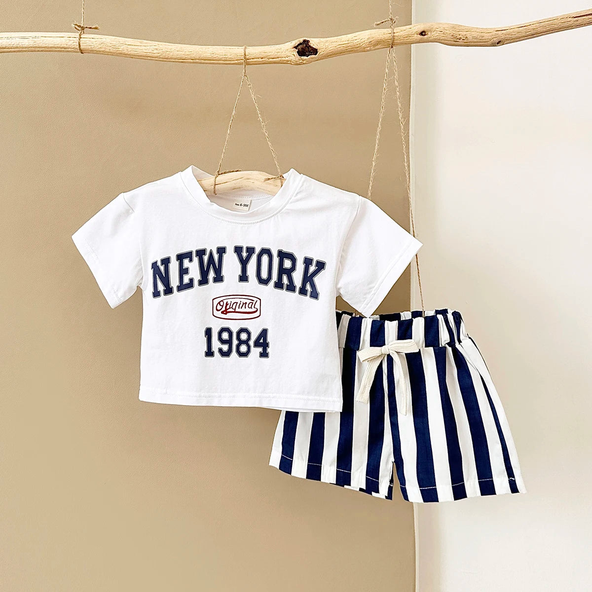 2PCS New Summer T-shirt Baby Clothes Set Letter New York T-shirt Stripe Shorts