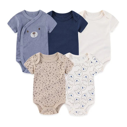 Unisex Bodysuits 4/5PCS Cotton Newborn Baby Girl Clothes Set Short Sleeve Print Baby Boy Clothes Summer Solid Color
