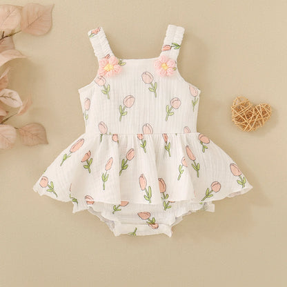 Summer female infant white strap tulip print sleeveless Romper, sweet and cute