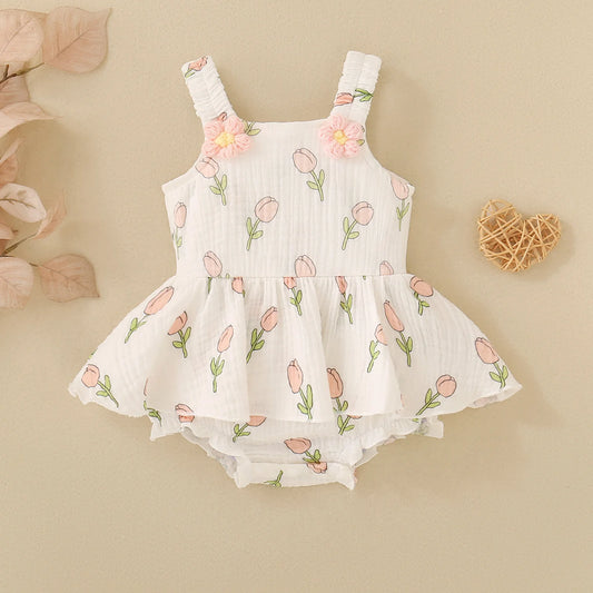 Summer female infant white strap tulip print sleeveless Romper, sweet and cute