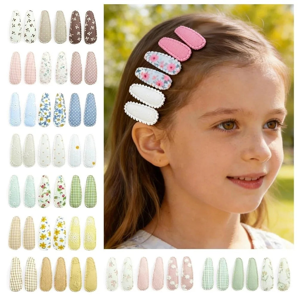 6 Pcs/Set Lovely 2inch Baby Hair Clips Handmade Lace Embroidery Snap Clips Cotton Plaid Floral Print Hairpins for Baby Girl
