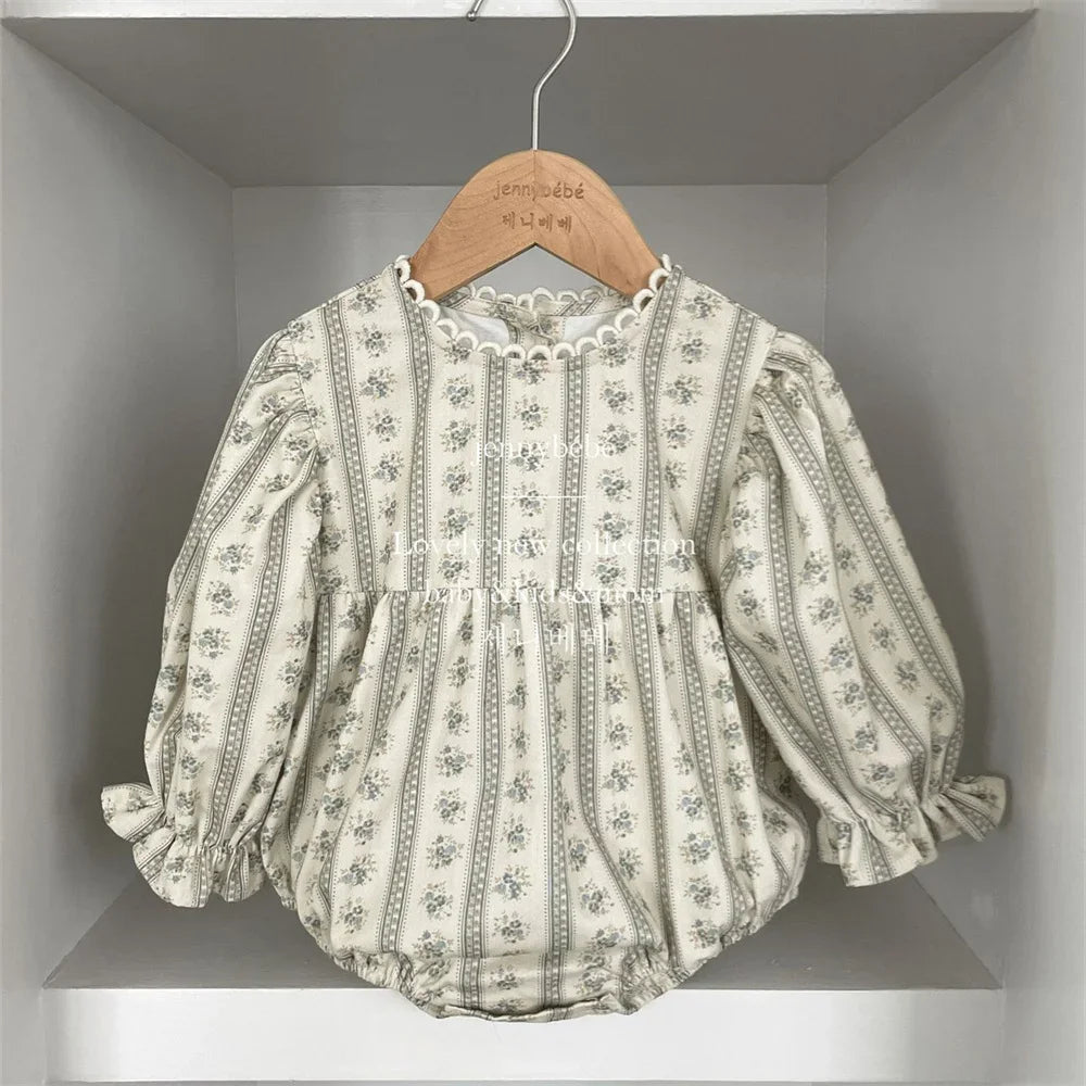 Vintage Newborn Infant Baby Girls Romper Spring Floral Stripe Baby Rompers Infant Bodysuit Toddler Onepiece Linen Baby Clothes