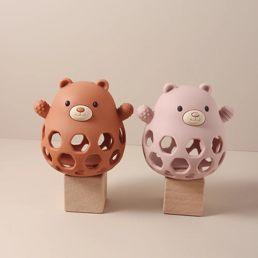 Hollow Bear Silicone Teething Toy Infant Chewable Rattle for Soothing Gums, BPA-Free