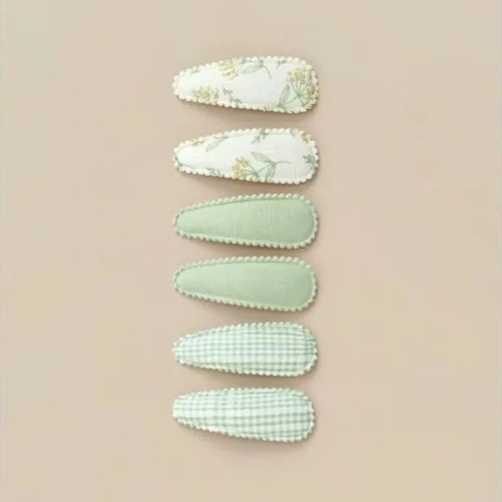 6 Pcs/Set Lovely 2inch Baby Hair Clips Handmade Lace Embroidery Snap Clips Cotton Plaid Floral Print Hairpins for Baby Girl