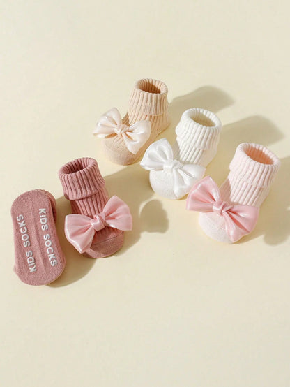 4 Pairs Toddler Socks with Bows, Soft Cotton Cute Ankle Socks for Infants Girls, Fashion Anty-Slip Newborn Baby Socks 0-24 Months