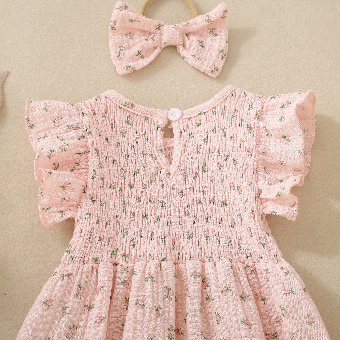 Summer female infant pink short-sleeved flower and plant print triangular Romper and bow headscarf two-piece set