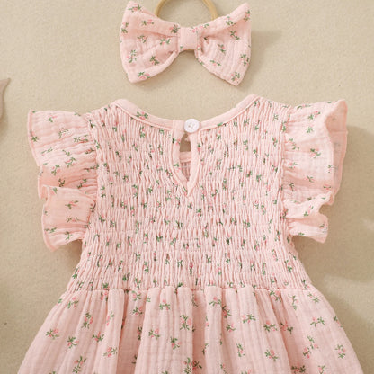 Summer female infant pink short-sleeved flower and plant print triangular Romper and bow headscarf two-piece set