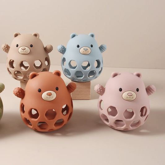 3D Baby Teether - Standable Hollow Bear Silicone Teething Toy Infant Chewable Rattle for Soothing Gums, BPA-Free