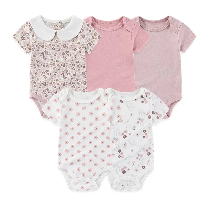 Unisex Bodysuits 4/5PCS Cotton Newborn Baby Girl Clothes Set Short Sleeve Print Baby Boy Clothes Summer Solid Color