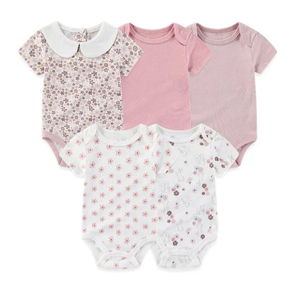 Unisex Bodysuits 4/5PCS Cotton Newborn Baby Girl Clothes Set Short Sleeve Print Baby Boy Clothes Summer Solid Color