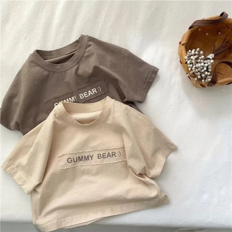 Boys Kids Cotton T-shirt Short Sleeve Cute Letters Fashion O-neck Pullover Baby Children Tops Sweatshirt 1-7T