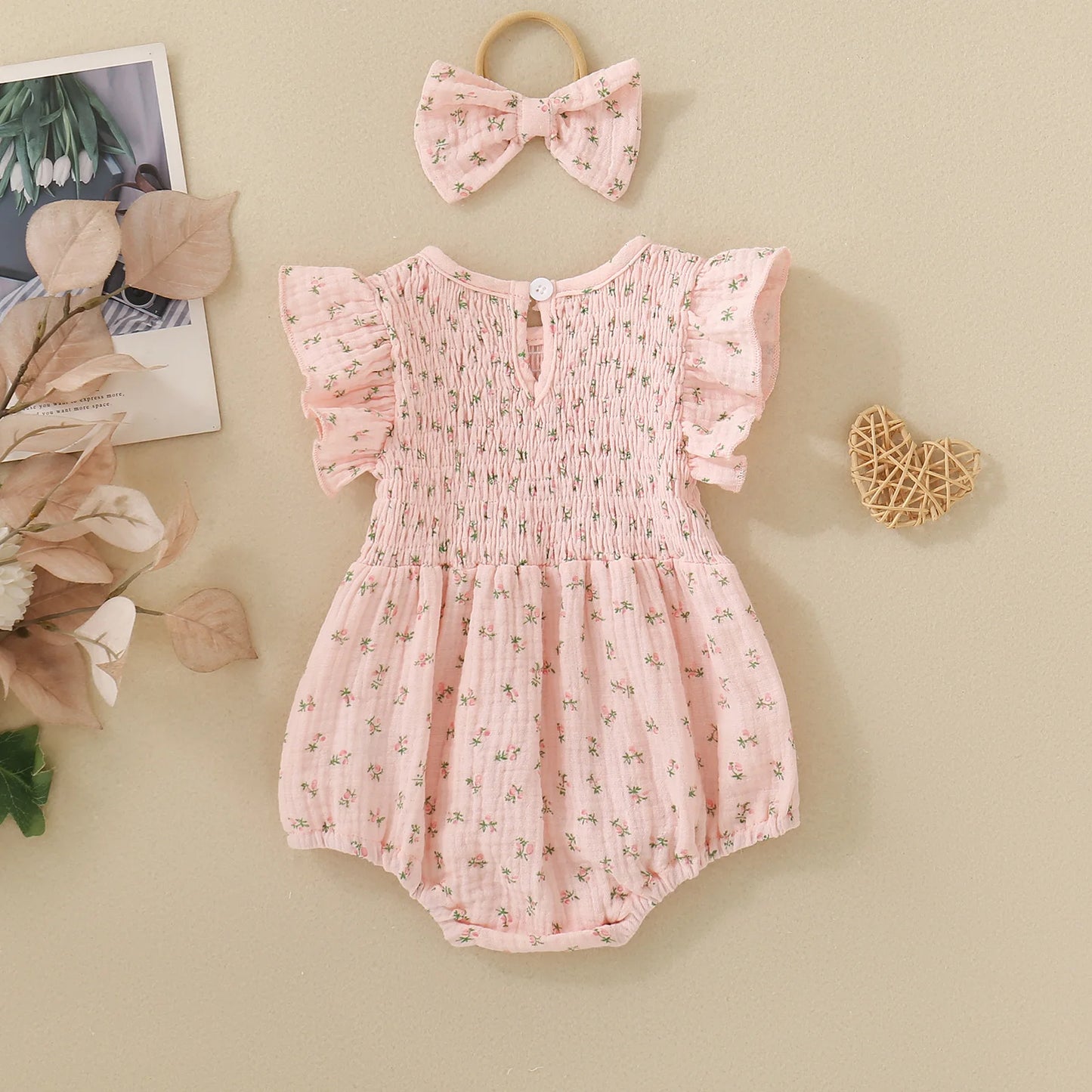 Summer female infant pink short-sleeved flower and plant print triangular Romper and bow headscarf two-piece set