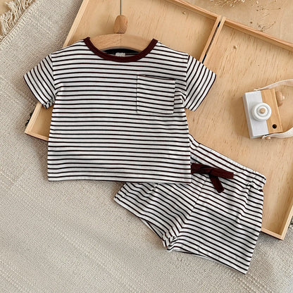 Summer Baby New Set Blue White Stripes Simple Comfortable Short Sleeves+Loose Sports Beach Shorts Boys Girls Clothing