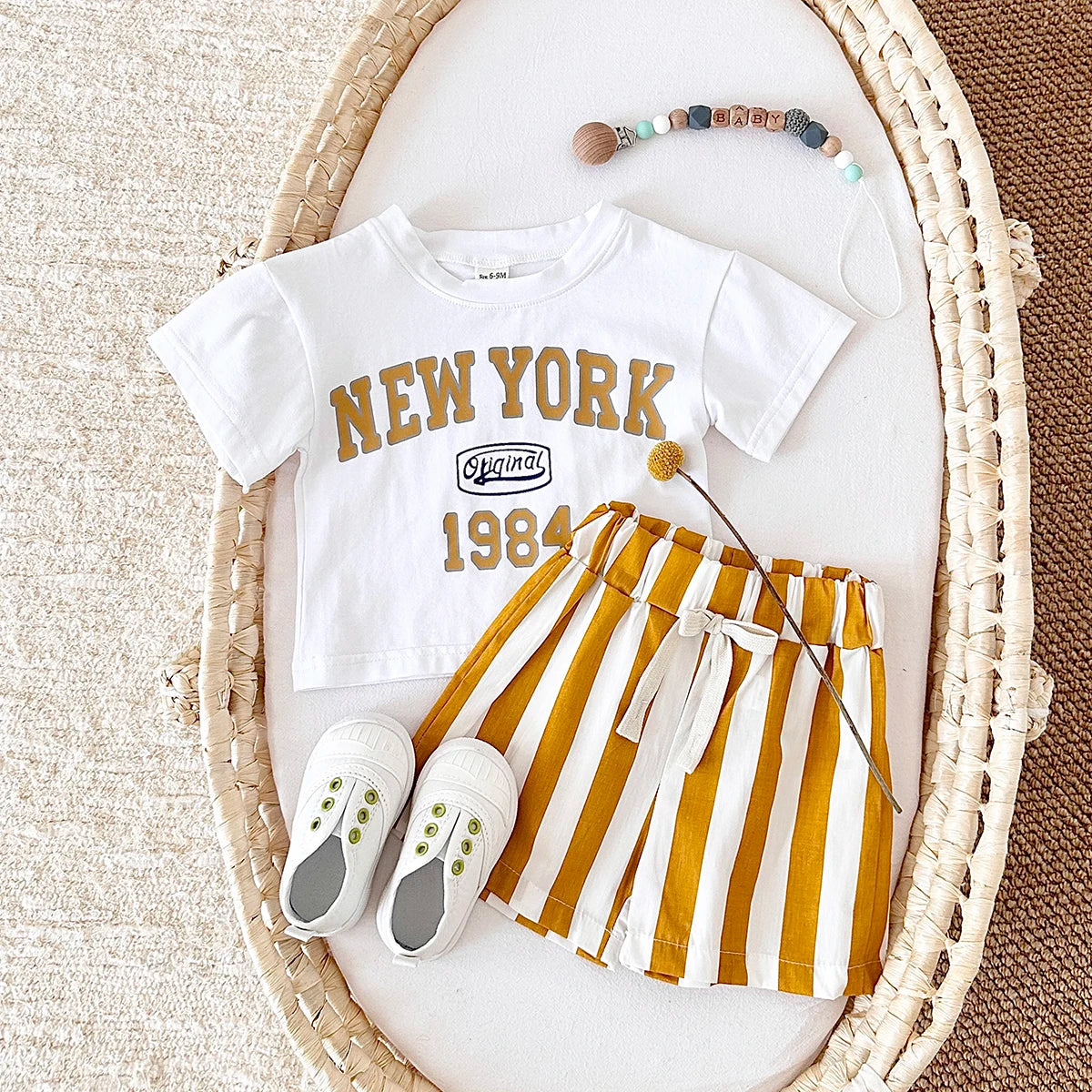 2PCS New Summer T-shirt Baby Clothes Set Letter New York T-shirt Stripe Shorts