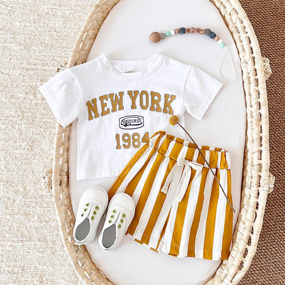 2PCS Infant Outfit Suit 0-3Y Newborn Boys Clothes Sets New Summer T-shirt Baby Clothes Set Letter New York T-shirt Stripe Shorts