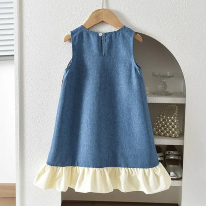 Blue Summer New Casual Girls' Clothes Round Neck Sleeveless Bow Lace Vest Princess Dress