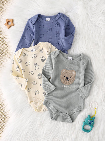 3PCS New style long-sleeved onesie Cotton fabric