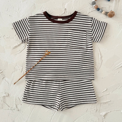 Summer Baby New Set Blue White Stripes Simple Comfortable Short Sleeves+Loose Sports Beach Shorts Boys Girls Clothing