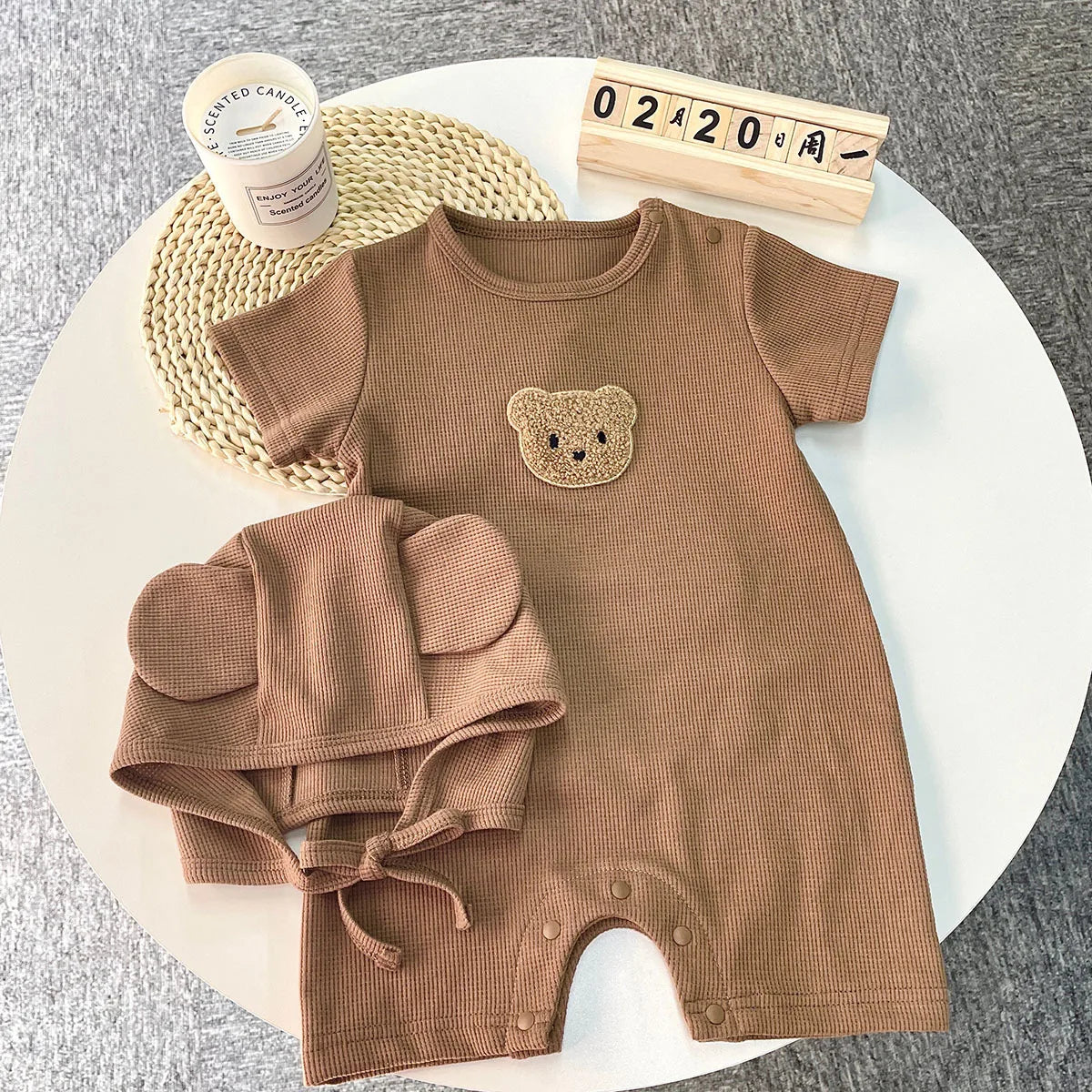 Short Sleeve Waffle Patch Bear Infant Newborn Jumpsuits Cotton Romper Hat with Ears