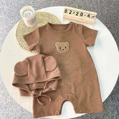 Short Sleeve Waffle Patch Bear Infant Newborn Jumpsuits Cotton Romper Hat with Ears