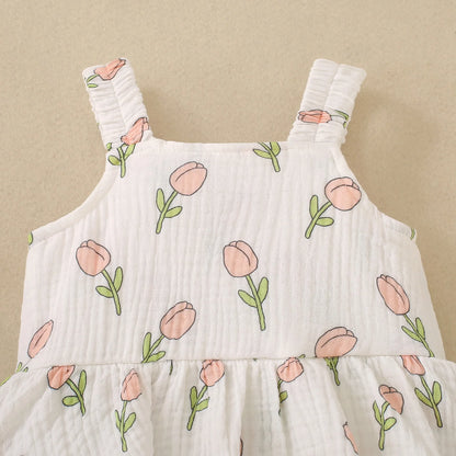 Summer female infant white strap tulip print sleeveless Romper, sweet and cute