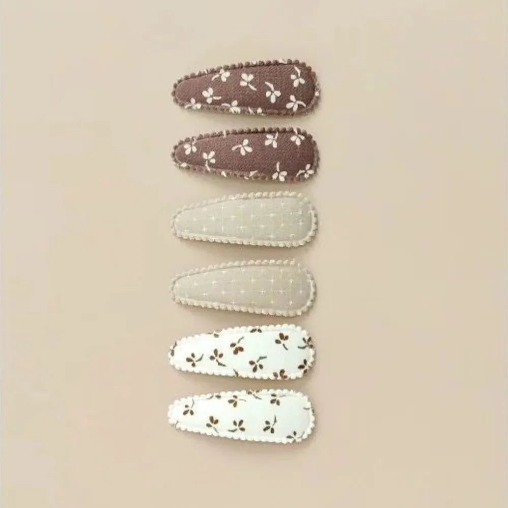 6 Pcs/Set Lovely 2inch Baby Hair Clips Handmade Lace Embroidery Snap Clips Cotton Plaid Floral Print Hairpins for Baby Girl