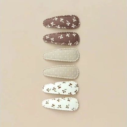 6 Pcs/Set Lovely 2inch Baby Hair Clips Handmade Lace Embroidery Snap Clips Cotton Plaid Floral Print Hairpins for Baby Girl