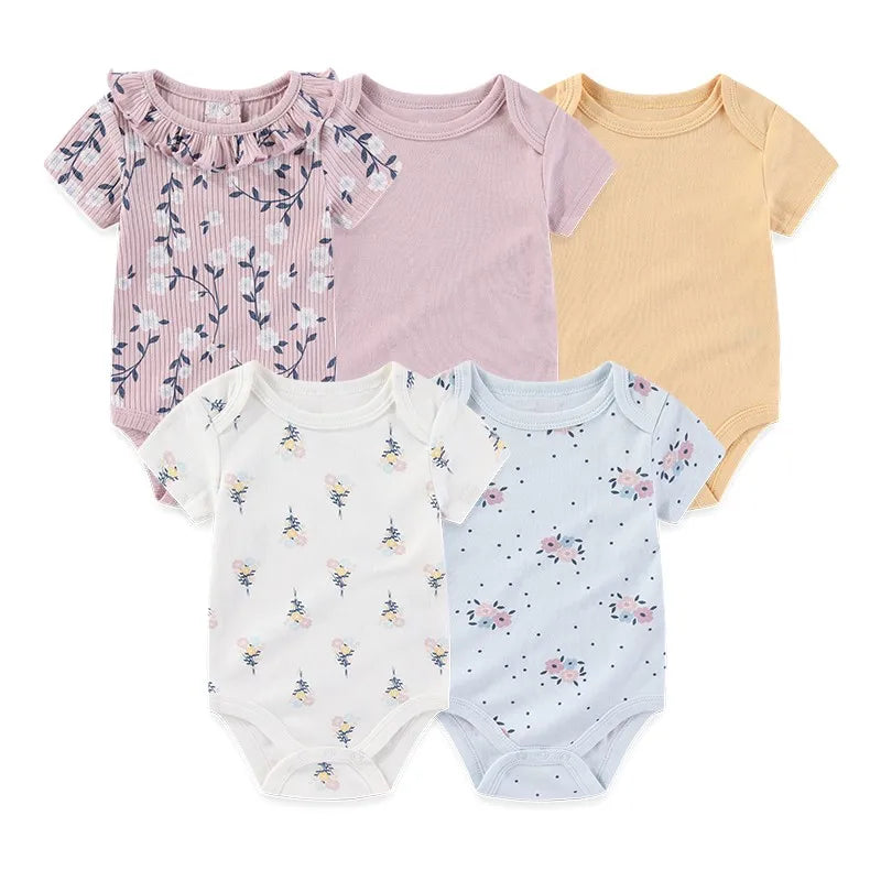 Unisex Bodysuits 4/5PCS Cotton Newborn Baby Girl Clothes Set Short Sleeve Print Baby Boy Clothes Summer Solid Color