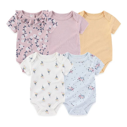 Unisex Bodysuits 4/5PCS Cotton Newborn Baby Girl Clothes Set Short Sleeve Print Baby Boy Clothes Summer Solid Color