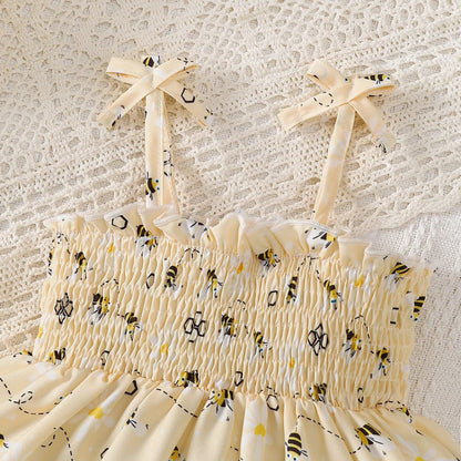 Summer Dress Cute Little bee Ruffled Suspender Dress and Headband 2-piece Set