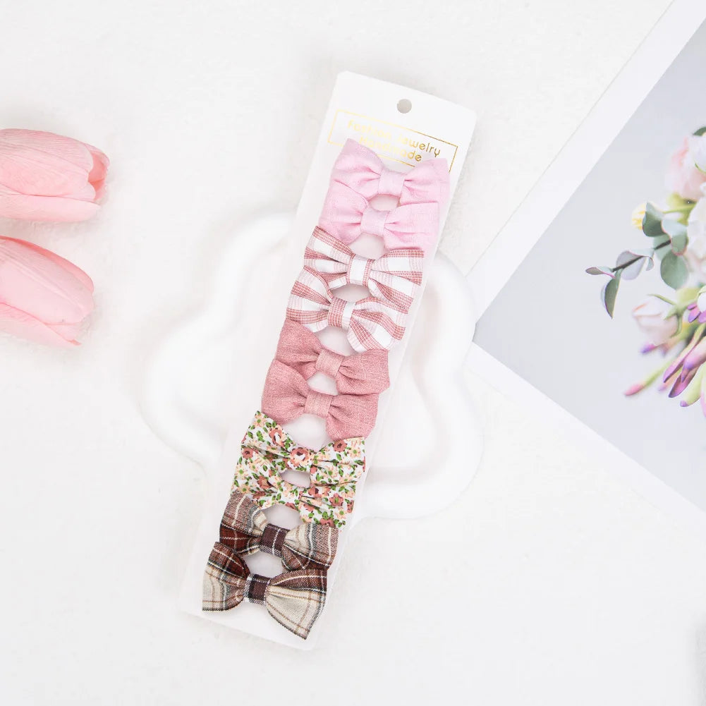10Pcs/Set Mini Hair Bows Clips Baby Girls Cute Froal Print Plaid Hairbows Checkered Gingham Hairpins Korean Safety Kids Headwear
