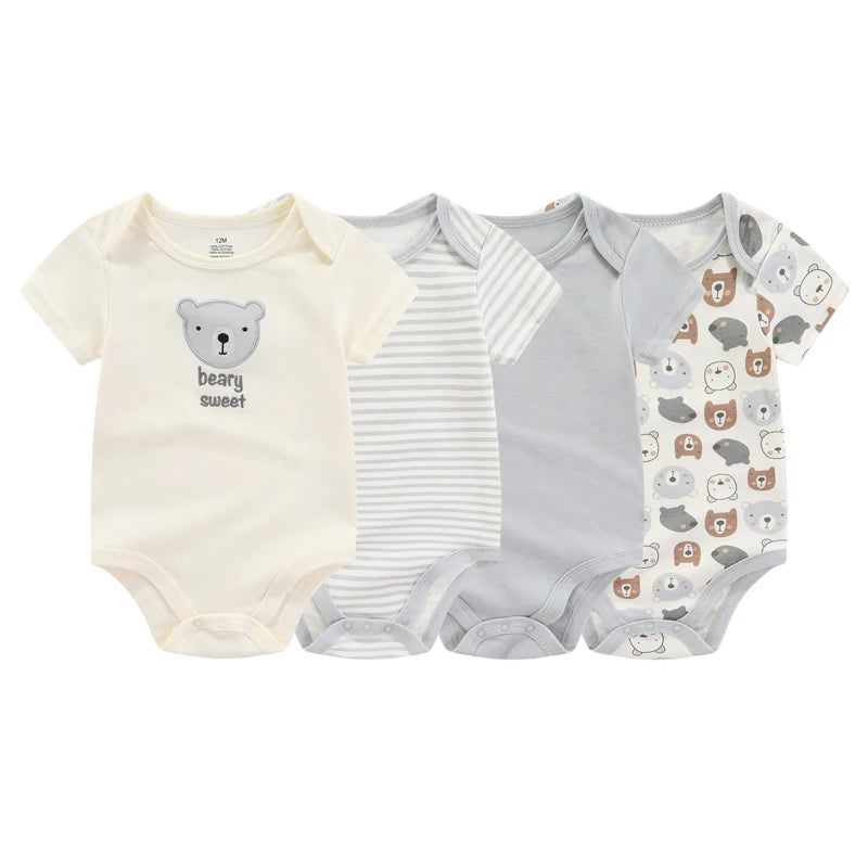 Unisex Bodysuits 4/5PCS Cotton Newborn Baby Girl Clothes Set Short Sleeve Print Baby Boy Clothes Summer Solid Color
