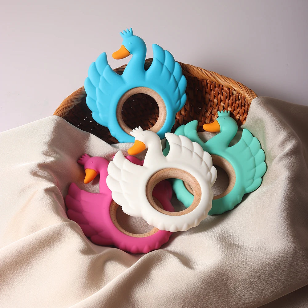 New Swan Silicone Teether Food Grade Wooden Ring Baby Teething Toy