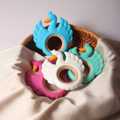 New Swan Silicone Teether Food Grade Wooden Ring Baby Teething Toy