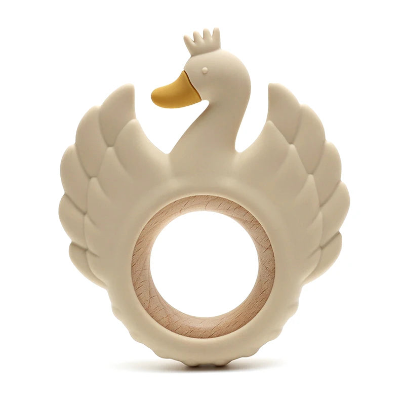 New Swan Silicone Teether Food Grade Wooden Ring Baby Teething Toy