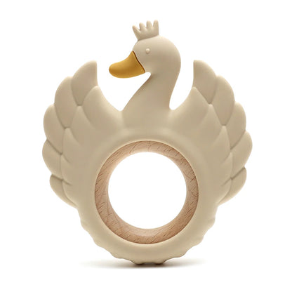 New Swan Silicone Teether Food Grade Wooden Ring Baby Teething Toy