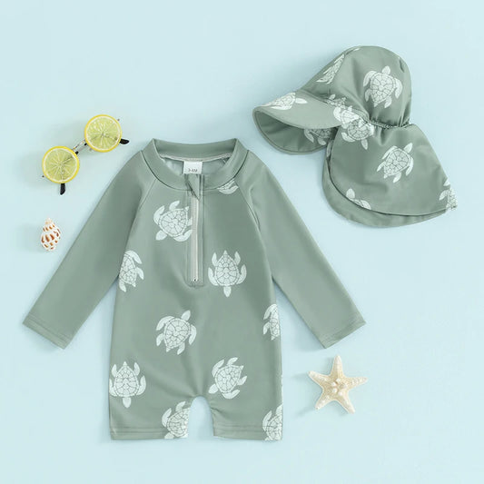 Toddler Boys Rash Guard Swimsuit Long Sleeve Turtle/Dinosaur Print